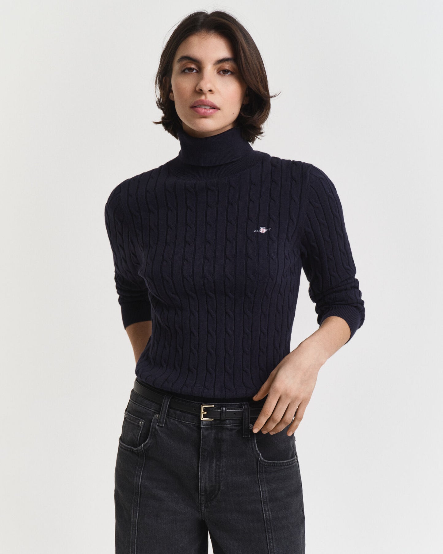 Rollkragenpullover aus Stretch-Baumwolle mit Zopfmuster